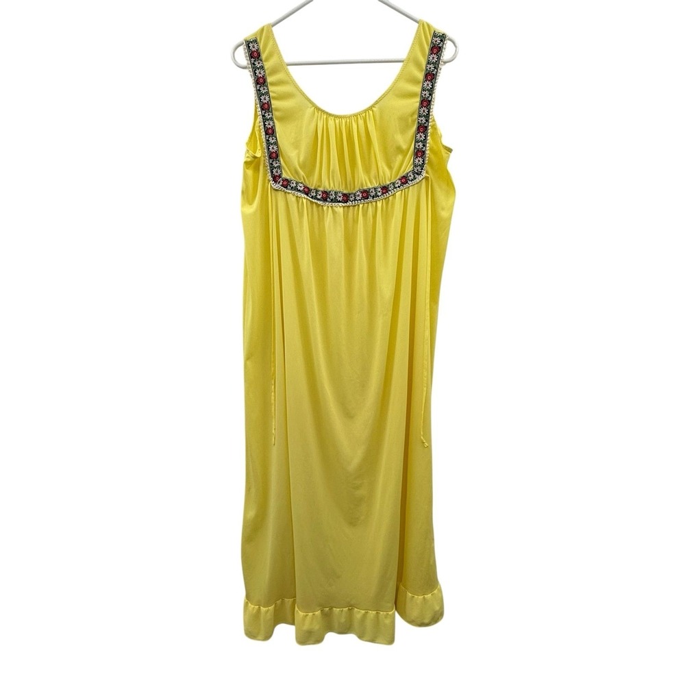 1970s Yellow Nylon Maxi Nightgown Embroidered Yoke - Medium - Boho Cottagecore